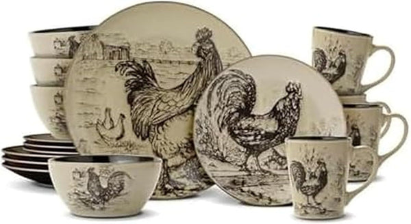Homespun Rooster 16-Piece Dinnerware Set, Service for 4 Brown1