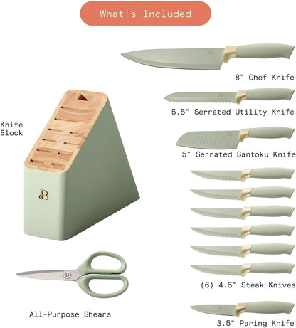 12-Piece Stainless Steel Knife Set with Block, Soft Grip Handles (Sage Green)3