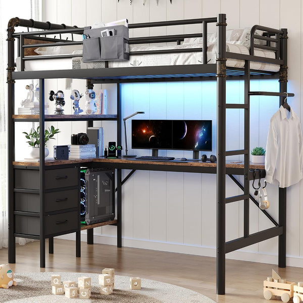 Twin Size Loft Bed with L-Shaped Desk, LED Lights,Charging Station, Industrial Heavy Duty Metal Loft Bed Frame with 3 Storage Shelves and 3 Fabric Drawers, Safety Guard & Ladder, Vintage Brown1