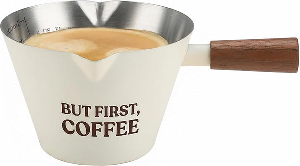 Espresso Measuring Cup with Handle, DV 6.8Oz/200Ml Stainless Steel Espresso Cups with Walnut Wood Handle & Double Spouts, Cream White Coffee Measuring Cup1