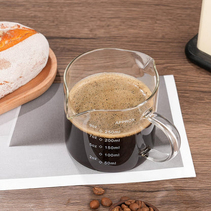 1 Pack 250ML/8.5OZ Measuring Cup Espresso Shot Glasses Double Spouts Large Coffee Cup with Handle Triple Pitcher Milk Cup Parts Clear Glass by5