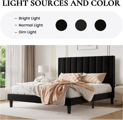 Twin Bed Frame/Velvet Upholstered Platform Bed Frame with Headboard/Strong Wood Slats Support/Mattress Foundation/No Box Spring Needed - Black5