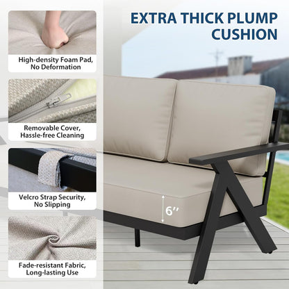 Iron Luxe 7 Piece Outdoor Patio Furniture Set, Modern Patio Conversation Set with 4 Swivel Rocking Chairs, a 3 Seat Couch, Coffee Table & Side Table for Deck, Garden, Porch, Black/Beige6