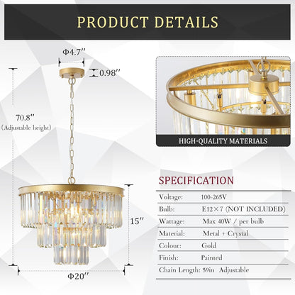 20" Modern Crystal Chandeliers,7 Lights Gold round Light Fixture3