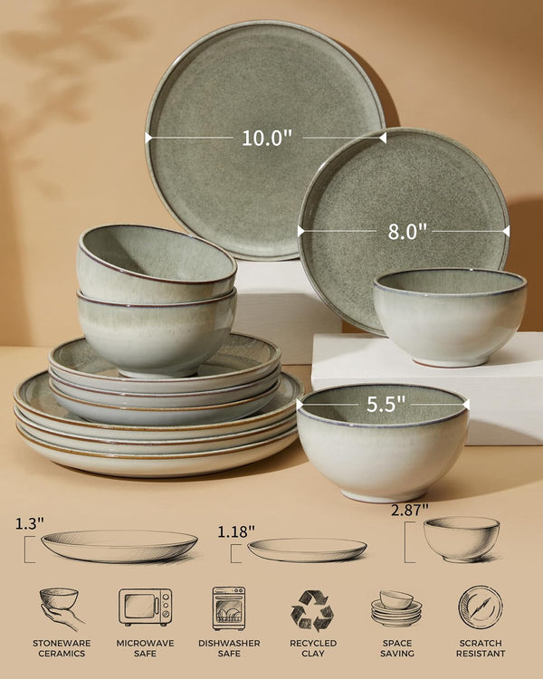 Ceramic Dinnerware Sets for 4, 12Pcs Plates and Bowls Sets Dish Set3