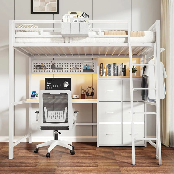 White Twin Loft Bed with Desk and 6 Storage Drawers, Metal Twin Size Loft Beds with Charging Station, RGB LED Lights, and Pegboard & Hanging Rod for Kids, Teenager (White)3