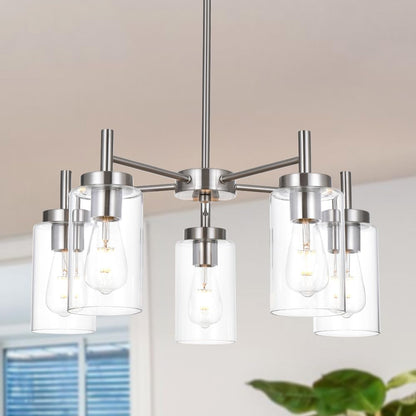 Contemporary 5 Light Large Chandeliers Modern Clear Glass Shades Pendant Lighting Brushed Polished Nickel Dining Room Lighting Fixtures Hanging Adjustable Wire Semi Flush Ceiling Lights1
