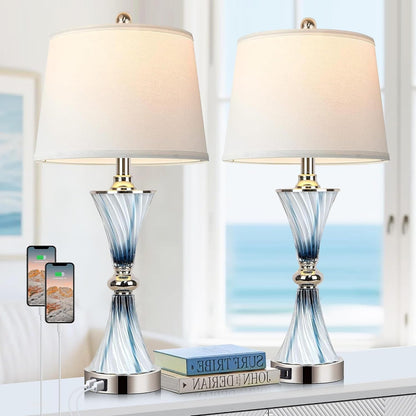 3-Way Dimmable Touch Glass Table Lamps for Bedrooms with 2 USB Ports Set of 2 Coastal Beach Bedside Lamps for Contemporary Modern Night Stand Lamps with 2 LED Bulbs for Lighting Decor1