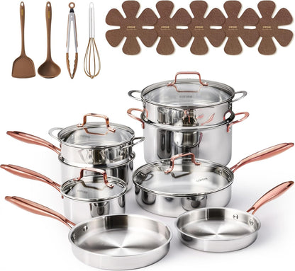 21Pcs Tri-Ply Stainless Steel Cookware Set, Pots and Pans Set, Non Toxic Induction Kitchen Cooking Sets, Gold1