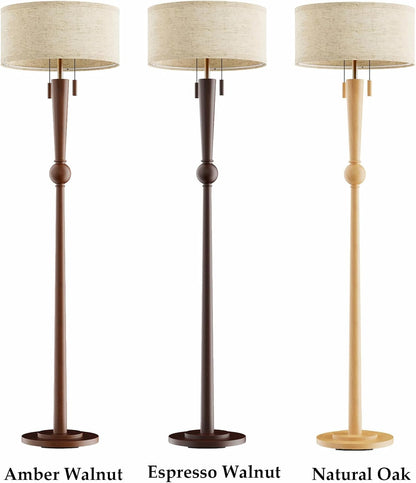 Solid Wood Floor Lamp for Living Room with Wooden Pull Chains | 62.8" Tall,Sculptural Wood Base & Stem,17" Linen Drum Shade,2-Light Standing Lamp for Bedroom & Reading Corner,Bulbs Included9