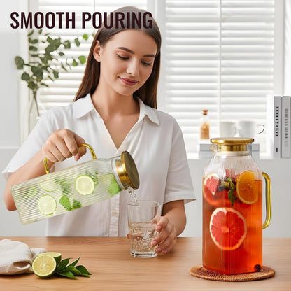 2 Pack 2 Liter/68 Oz Square Glass Pitcher with Lid, Classic Stripes Water Pitchers with Handle for Fridge, Large Jug for Iced Tea, Coffee, Borosilicate Glass Carafe for Hot/Cold Brew Drink, Gold6