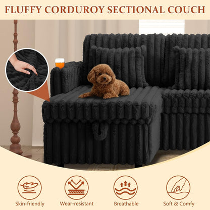 107'' Sectional Sleeper Sofa with Pull Out Bed, Storage Chaise, Adjustable Backrest, USB Charger, Cup Holder & Side Pocket, Fluffy Soft Corduroy U Shaped Couch for Living Room, Black7