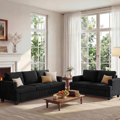 Loveseat & 3 Seater Sofa Sets, 89" Couch Sofa Set for Living Room Furniture, 2 Piece Modern Sleeper Sofa with Deep Seat Cloud Couch for Apartment Lounge, Black Corduroy1