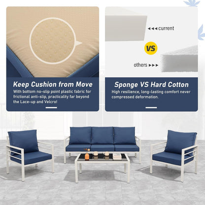 Patio Furniture Set Aluminum 4 Pieces White Metal Outdoor Furniture Set Glass Coffee Table with No-Slip Cushions and Waterproof Covers, Navy Blue7