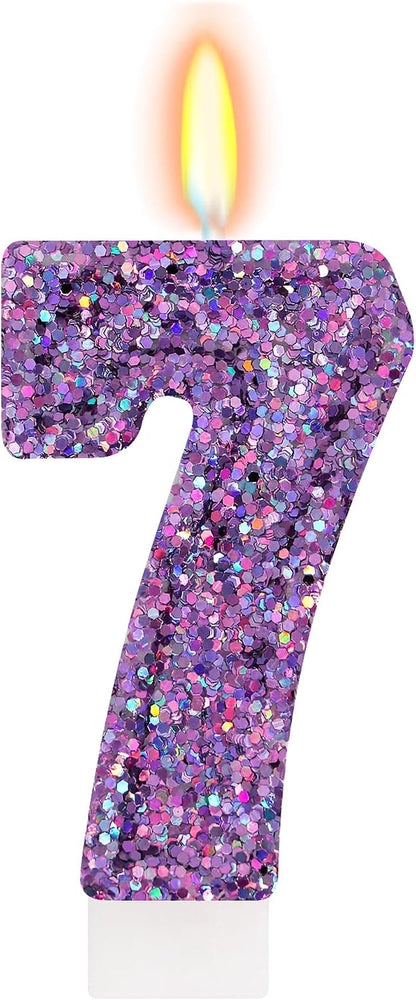 Deep Purple Glitter Number 7 Candle, Purple Birthday Decorations1