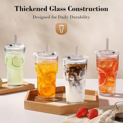 20Oz Iced Coffee Cups with Lids, Ribbed Glass Cups with Lids and Straws | Thick Reusable Glass, Leak-Resistant Lids, Fits Most Car Cup Holders, for Iced Coffee, Tea, Smoothies and Cold Drinks7