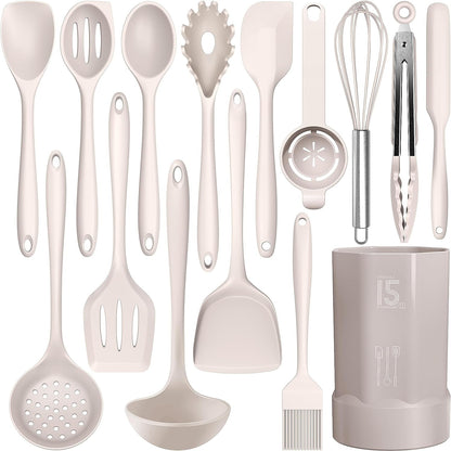Silicone Cooking Utensils Set - 446°F Heat Resistant Kitchen Utensils,Turner Tongs,Spatula,Spoon,Brush,Whisk,Kitchen Utensil Gadgets Tools Set for Nonstick Cookware,Dishwasher Safe (BPA Free)1
