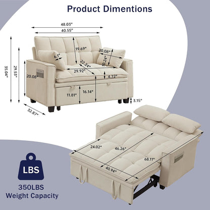 Sleeper Sofa with Pull Out Couch Bed, 48" Convertible Pull-Out Sofa Bed Chair, 3-In-1 Futon Couch with Reclining Backrest and Side Pockets for Living Room Bedroom Apartment, Beige3