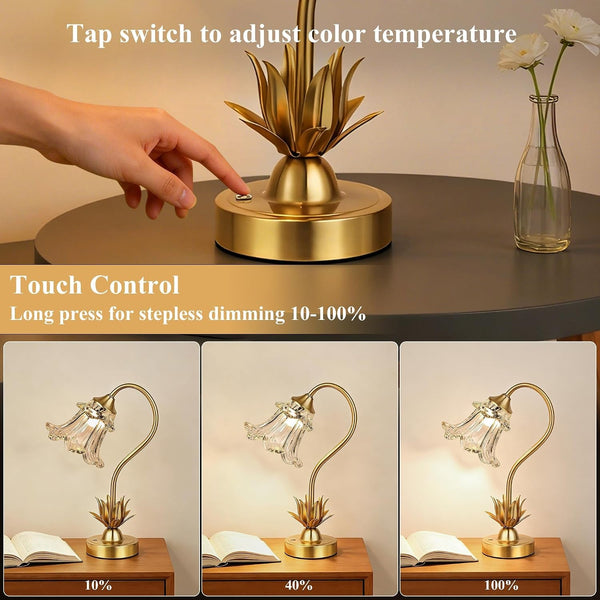 Cordless Flower Table Lamp with Glass Lampshade, 5200Mah Rechargeable Battery, 3-Color Dimmable Touch Control, Portable Desk Lamp for Nightstand, Patio, Camping, Restaurant & Home, Transparent4