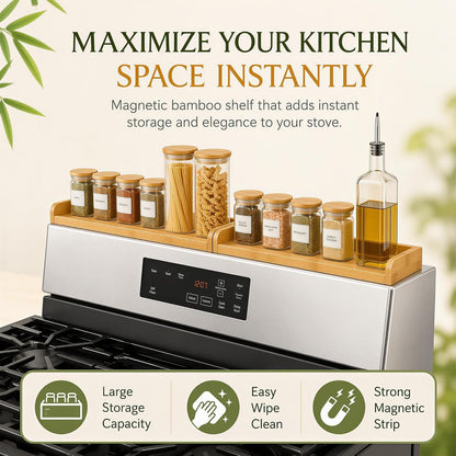 Magnetic Stove Top Shelf 30 Inch – over the Stove Spice Rack Organizer for Flat Top Stoves, Strong Magnetic Bamboo Kitchen Shelf, Space Saving Stove Top Storage Rack, Tool-Free Installation, Natural3