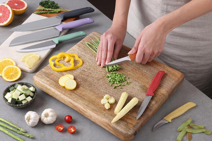 Classic 6 Piece Knife Set, Chef Santoku Utility Paring Serrated & Peeling Knives, Stainless Steel 15° Hollow-Ground Blades, Ergonomic Wheat Straw Handles5