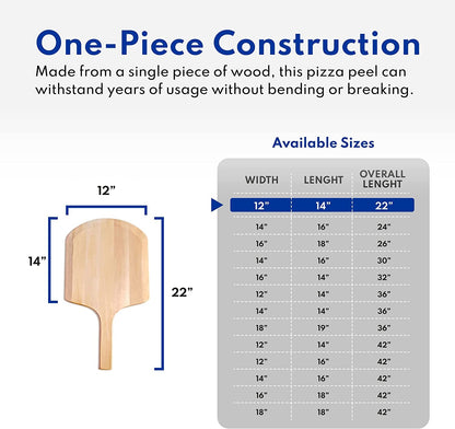 50295 Restaurant-Grade Wooden Pizza Peel, 16" L X 14" W Plate, with 8" L Wooden Handle, 24" Overall Length8