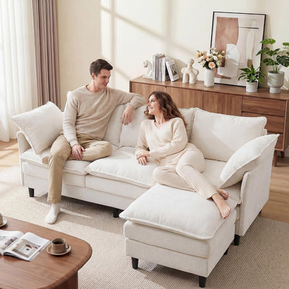 69" Couch Sofa L-Shape 3 Seat with Ottoman, Small Cloud Sofa Double-Layer Cushion 23" Deep Seat Washable Chenille Pillows Couches for Living Room Apartment Office 69-Beige-L3