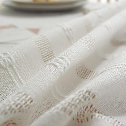 Rustic Stripe Embroidered Tablecloth Heavy Square Tassel Cotton Linen Table Cloth Wrinkle Free Washable Table Cover for Kitchen Dinning Party Holiday White 55X55 Inch6