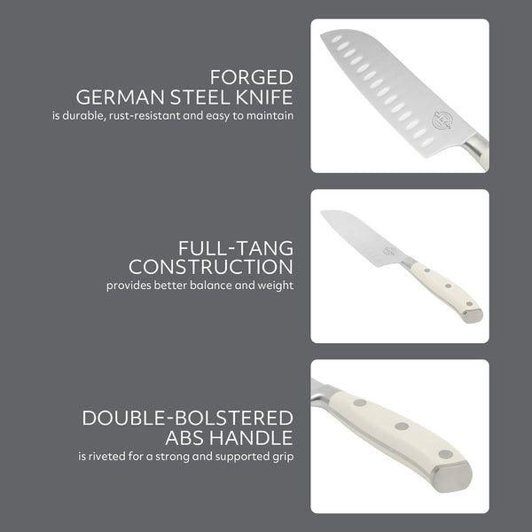 Sur La Table Kitchen Essential Tasting Kitchen German Steel Santoku Knife, 7-Inch Stainless Steel Blade – Professional Kitchen Knife with White Handle and Forged Full Tang4