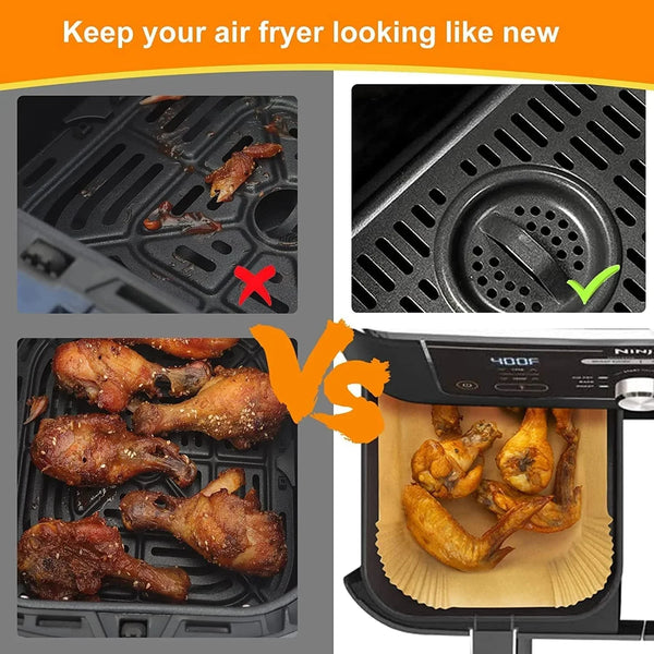 100 Pcs Air Fryer Liners Disposable, Non-Stick Parchment Paper for Ninja DZ201, DZ401, DZ550 & Compatible with Cosori, Chefman, Dual Air Fryers4