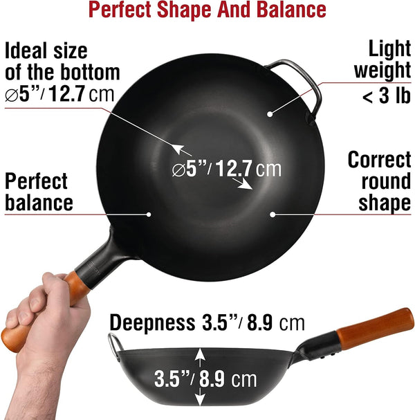 Carbon Steel Wok Pan – 13,5 “ Stir Fry Pans with Flat Bottom + Premium Wok Cover 13.5 Inch Pan Lid + 17’’ Spatula and Ladle2