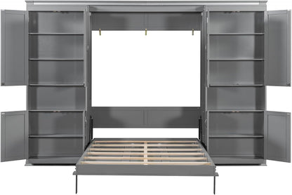 Murphy Bed with Dual Sliding Storage Cabinets, Hidden Wall Cabinet Design, Dual 6-Tier Side Shelves, Large-Capacity Space-Saving Wall Bed System for Modern Homes & Multifunctional Rooms, Full, Gray8