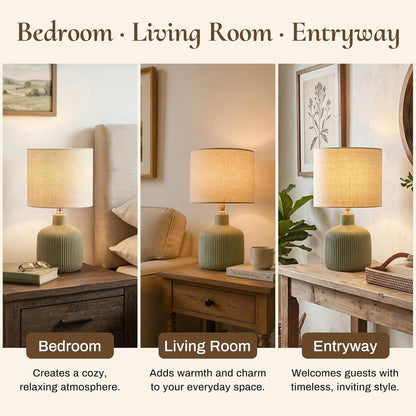 Ceramic Table Lamp, Oliver Green, 17.75" | Beige Linen Shade, Warm Ambient Lighting, Bedside Nightstand, Natural9
