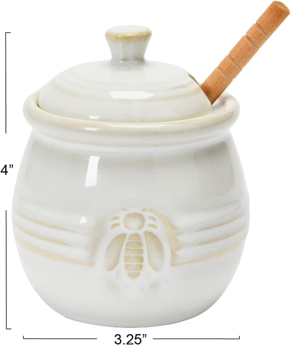 Creative Co-Op Farmhouse Embossed Stoneware Honey Pot with Wood Honey Dipper, White3