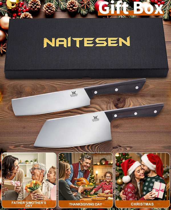 2PCS Cleaver Knife Set, Meat Cleaver & Nakiri Vegetable Knife6