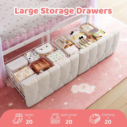 Full Canopy Bed Frame with Drawers and LED Lights & Charging,White4