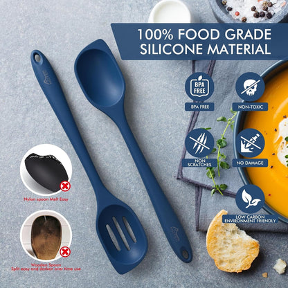 446°F Heat Resistant Silicone Cooking Spoon Spatula, BPA Free Large Kitchen Solid and Slotted Spoons for Mixing, Serving, Scraping, Non-Stick, Dishwasher Safe Classic Blue 12.5Inch3