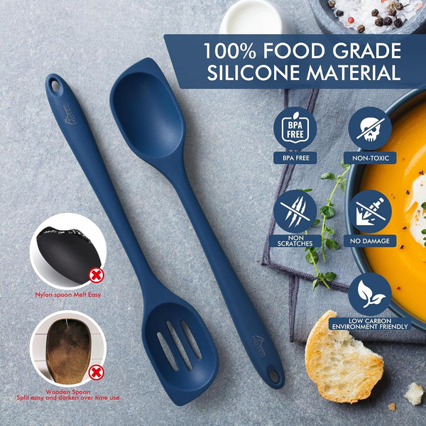 446°F Heat Resistant Silicone Cooking Spoon Spatula, BPA Free Large Kitchen Solid and Slotted Spoons for Mixing, Serving, Scraping, Non-Stick, Dishwasher Safe Classic Blue 12.5Inch3