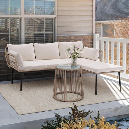 3 Piece Patio Furniture Set Wicker Patio Sectional with Detachable Cushions and Coffee Table Outdoor Furniture Set L-Shaped Sectional Conversation Sofa Set for Backyard Porch Balcony - Beige1