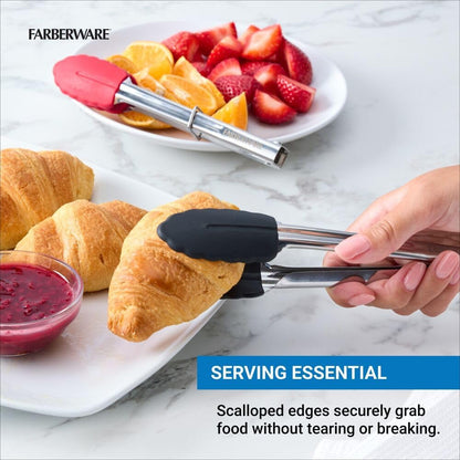 Mini Kitchen Tongs Set of 2, 7 Inch Stainless Steel Cooking Tongs with Silicone Tips, Heat Resistant to 450F, Ring Lock for Compact Storage, Dishwasher Safe, Red and Black4
