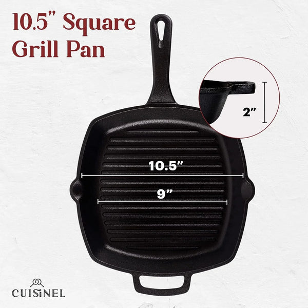 Cast Iron Square Grill Pan + Glass Lid + Pan Scraper + Handle Cover - 10.5" Pre-Seasoned Ridged Skillet - Grill, Stovetop, Fire, Indoor/Outdoor Use - for Grilling, Frying, Sauteing3