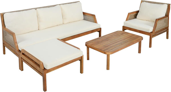 Zura 4 Piece Patio Furniture Set with Removable Cushion, Outdoor Acacia Wood Conversation Set with Ottoman, Outdoor Sectional Sofa Set with Coffee Table, Teak+Cream3