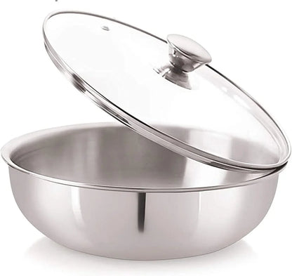 SRIYUG Stainless Steel Tasla Low Wok without Handle Stainless Steel Triply Induction Base Deep Kadai Steel Aluminum Tasla with Glass Lid3