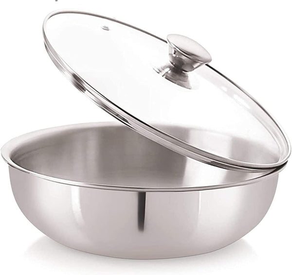 SRIYUG Stainless Steel Tasla Low Wok without Handle Stainless Steel Triply Induction Base Deep Kadai Steel Aluminum Tasla with Glass Lid3