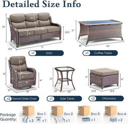 Luxury 6" Thick Cushioned 7 Pieces Patio Furniture Set with Outdoor Couch, Wicker Outdoor Conversation Set with High Back Swivel Rocker Chairs for Deck Porch Yard and Poolside - Brown+Grey2