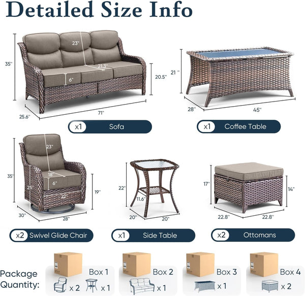 Luxury 6" Thick Cushioned 7 Pieces Patio Furniture Set with Outdoor Couch, Wicker Outdoor Conversation Set with High Back Swivel Rocker Chairs for Deck Porch Yard and Poolside - Brown+Grey2