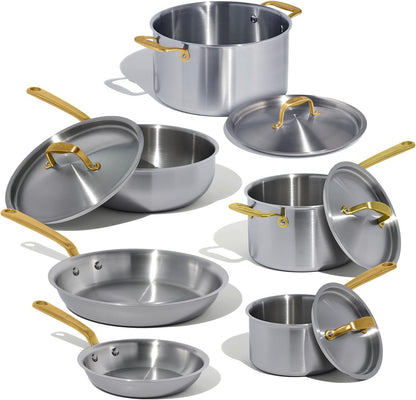 Made in Cookware - 10 Piece Stainless Steel Pot and Pan Set (Antique Brass Handle) - 5 Ply Clad - Includes Stainless Steel Frying Pans, Saucepans, Saucier and Stock Pot W/Lid - Crafted in Italy1