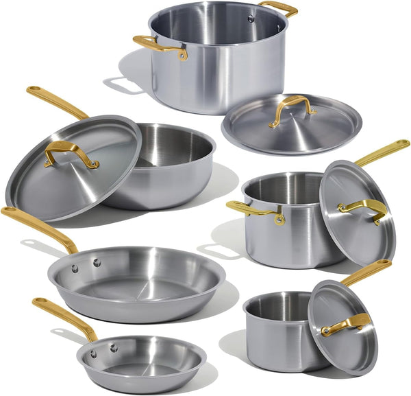 Made in Cookware - 10 Piece Stainless Steel Pot and Pan Set (Antique Brass Handle) - 5 Ply Clad - Includes Stainless Steel Frying Pans, Saucepans, Saucier and Stock Pot W/Lid - Crafted in Italy1