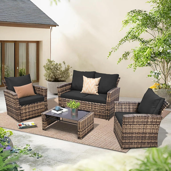 4 Piece Patio Furniture Set, Outdoor Wicker Sectional Sofa Set8
