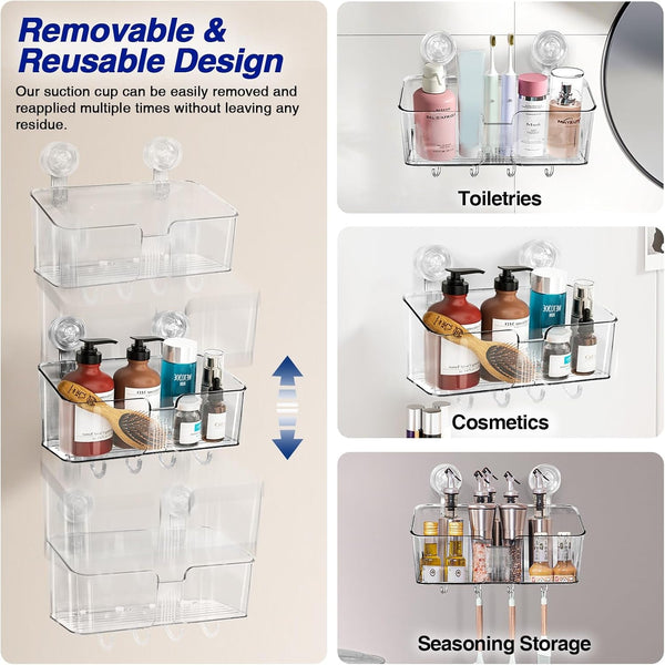 Clear Shower Caddy Suction Cup Shelf Organizer with Hooks Removable Shower Basket Light Luxury Style Punch-Free Dorm Wall Storage Rack for Kitchen Bathroom Set of 37